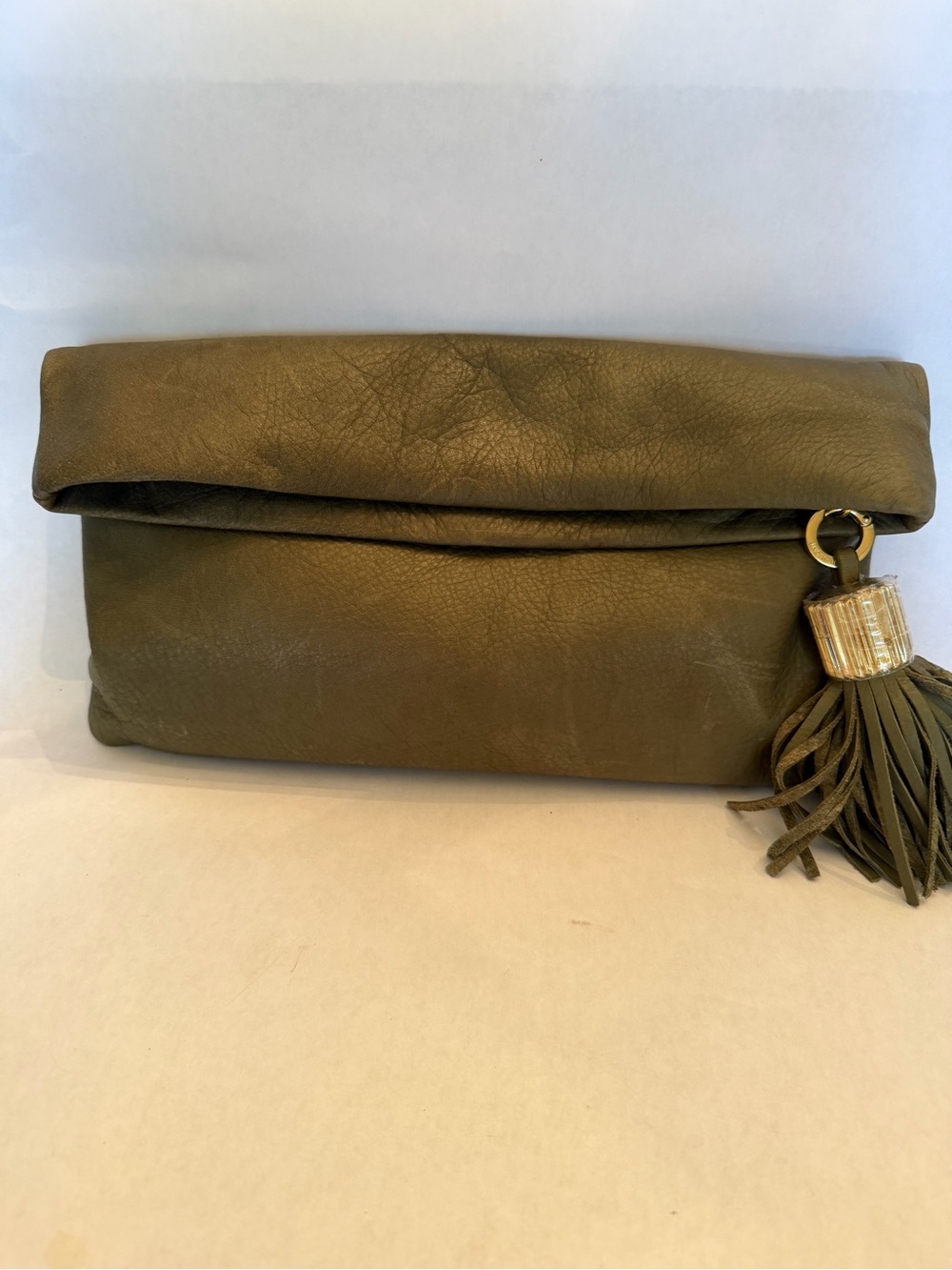 India Hicks Olive Fold-Over Clutch with Tassel